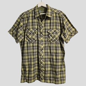 KUHL Shirt Men's Large Green Eluxur Plaid Pearl Snap Outdoors Western Hiking